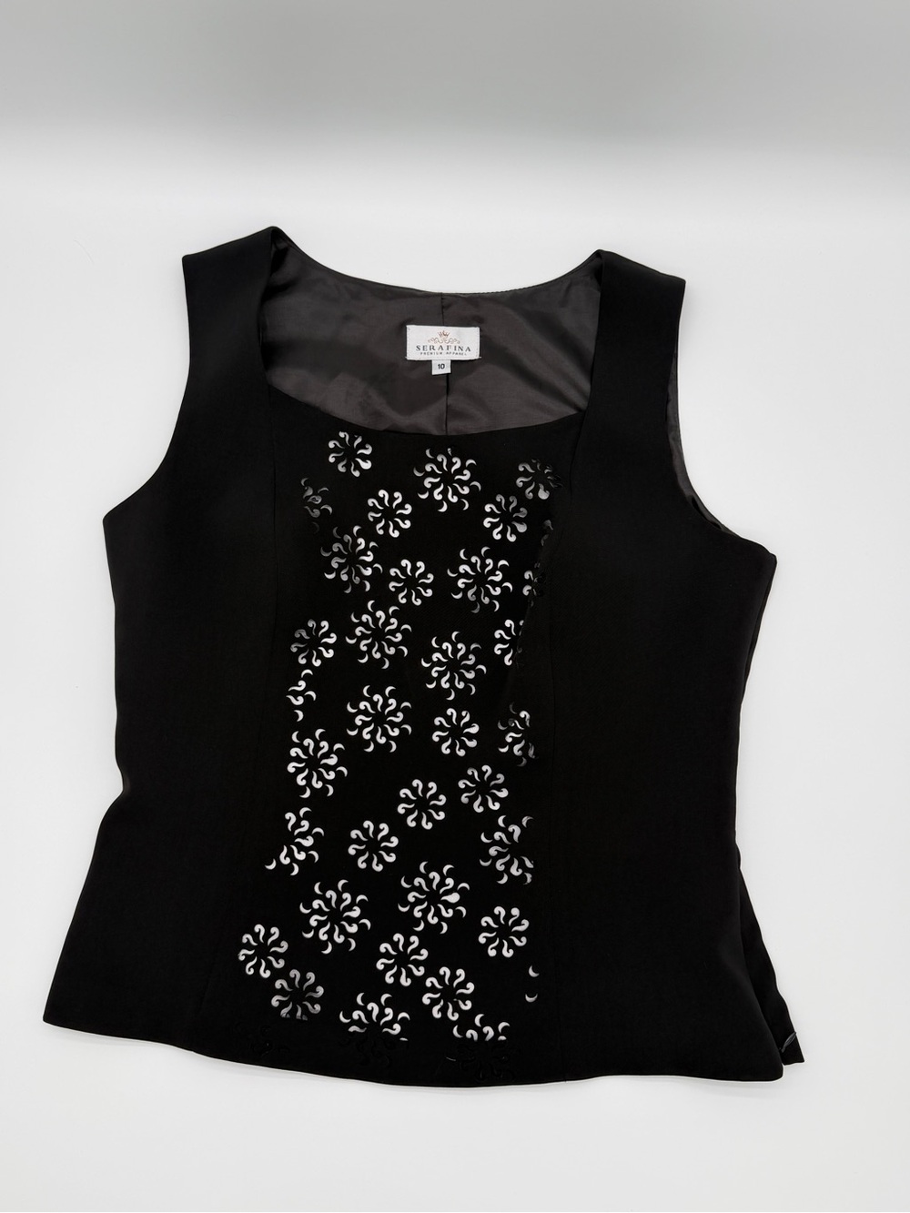 Serafina Premium Apparel Black Laser Cut Floral Tank Blouse Lined Top Size 10